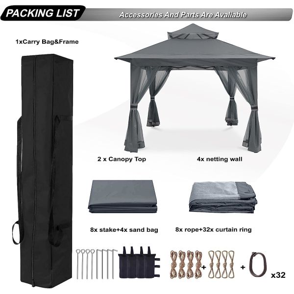 Pop Up Gazebo Mosquito Nettings, Outdoor Canopy Shelter Garden Lawn Backyard, Patio Cover Outdoor Gazebo Pergol