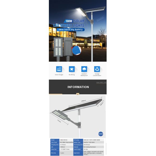 Éclairage imperméable extérieur de route LED d'IP65 SMD 180w de lumen élevé solaire de réverbère