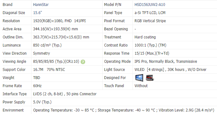 High Brightness 850Nits 15.6inch FHD TFT Module HSD156JUW2-A10 for Industrial Automotive