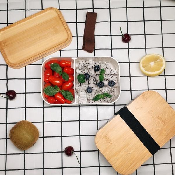 Boîte à lunch en plastique carré sans BPA écologique couvercle en bambou pour bureau 196*121*66 mm