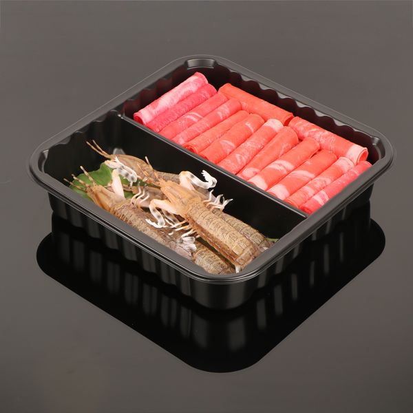 Disposable freezing safe PET PP heat sealing Plastic frozen food meat packaging tray two compartment MAP tray