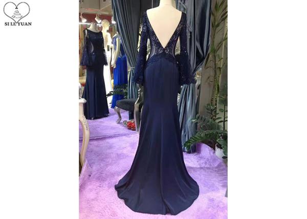 Top Backless Navy Blue Mermaid Dress / Sweep Train Prom Dress Long Horn Sleeve