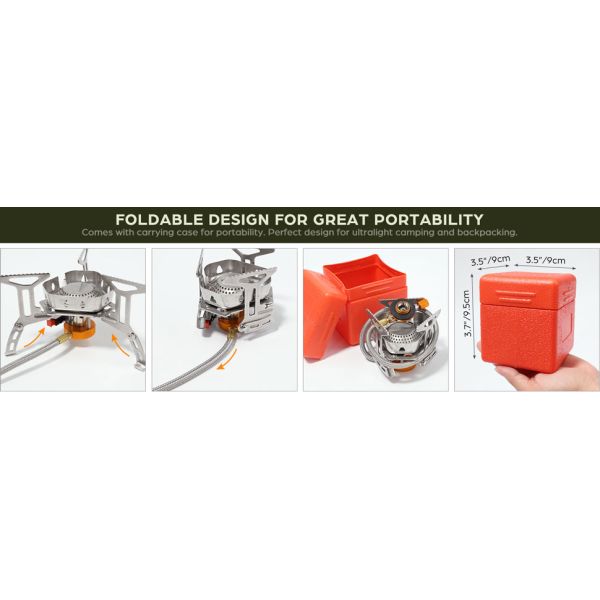 6800W Windproof Camp Stove Camping Gas Stove with Fuel Canister Adapter, Piezo Ignition, Carry Case, Portable