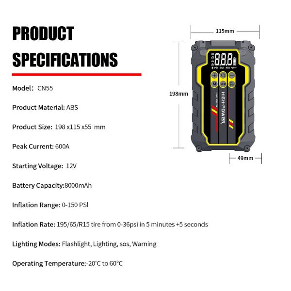 8000mAh Emergency Car Jump Starter 12 Volt With Air Pump Compressor 150PSI Tire Inflator Jump Starter Booster Pack