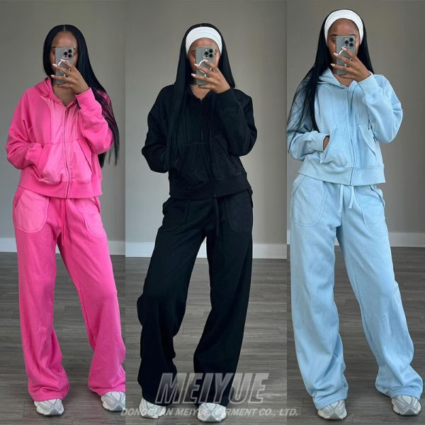 Breathable Womens Streetwear Tracksuit Distressed Zip Up Plain Joggers Two Piece Set