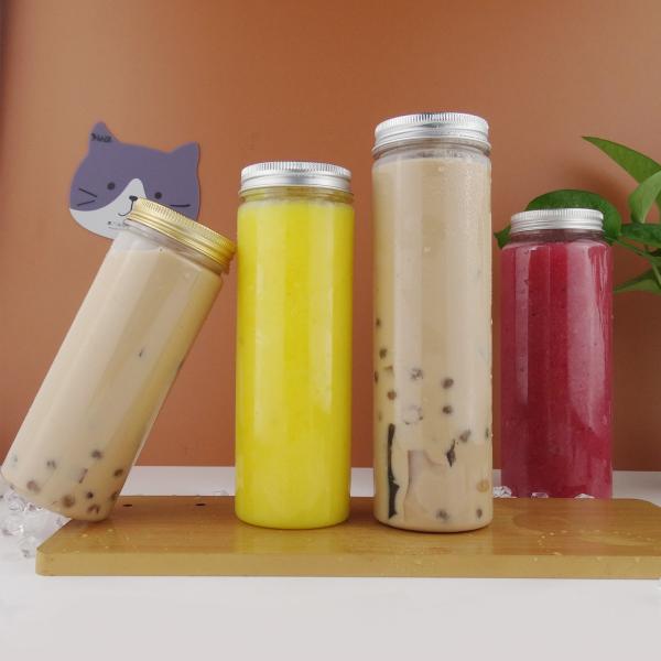Beverage Round Plastic Pet Boba Juice Bottles Transparent 450ml With Aluminum Lid