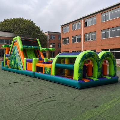 Commercial Neon Jungle Custom Inflatable Obstacle Course with Tunnels Climbing Wall Slide and Safety Mesh