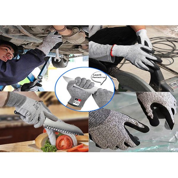 HPPE Liner Level 5 Cut Resistant Gloves Latex Sandy Coating Red Cuff