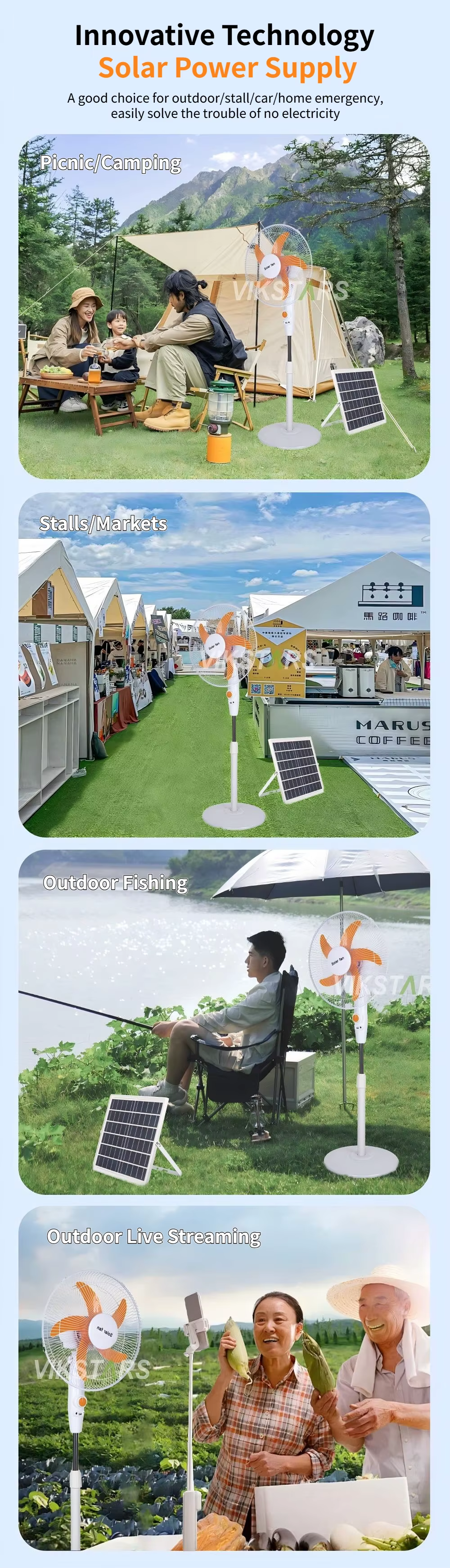 16 Inches Solar Standing Fan 15W Energy-saving Solar Powered Fan Rechargeable