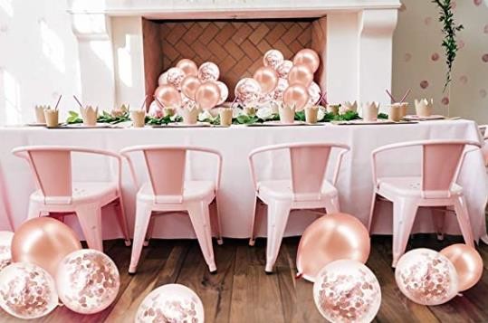 Rose Gold Balloons + White Balloons + Confetti Balloons w/Ribbon | Rosegold Balloons for Parties