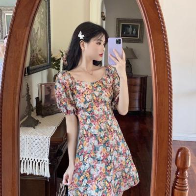 Floral Painting Print A Line Puff Sleeve Mini Dress Leisure Holiday Style