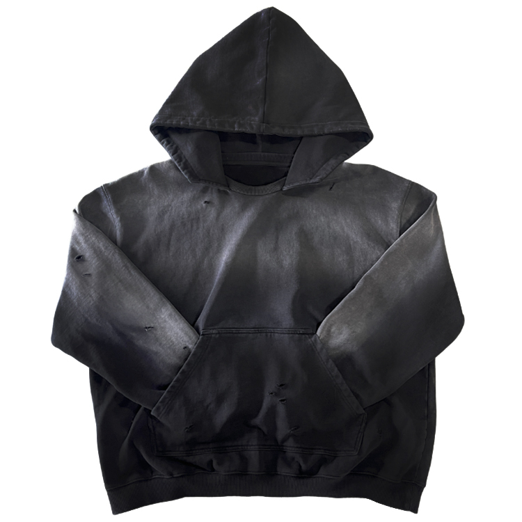 A513 Chiying Vintage Acid Wash Distressed Hole Pullover Hoodie Men Oversized Washed Black Streetwear Hooded Sweatshirt 