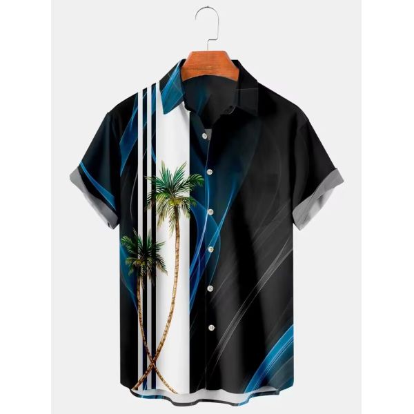 Camiseta de campamento hawaiana impresa a medida para hombres Allover Logotipo de diseño con botón cubierto