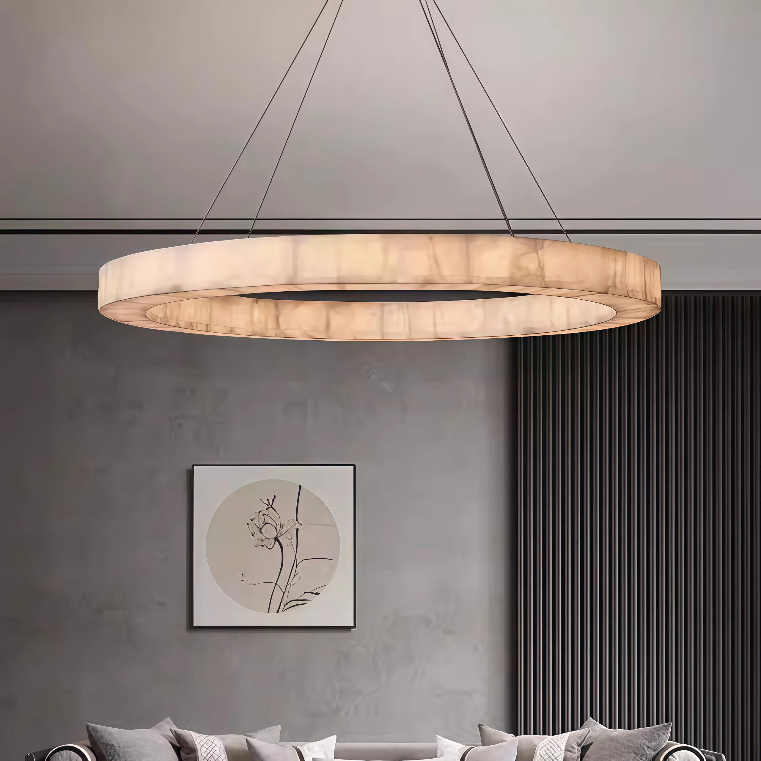 JYLIGHTING Modern Circular Pendant Light, Spanish Natural Alabaster & Brass LED Chandelier for Dining & Living Room