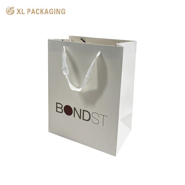 Custom White Satin Ribbon Handle Paper Shopping Bag with Biodegradable Material and Logo Printing