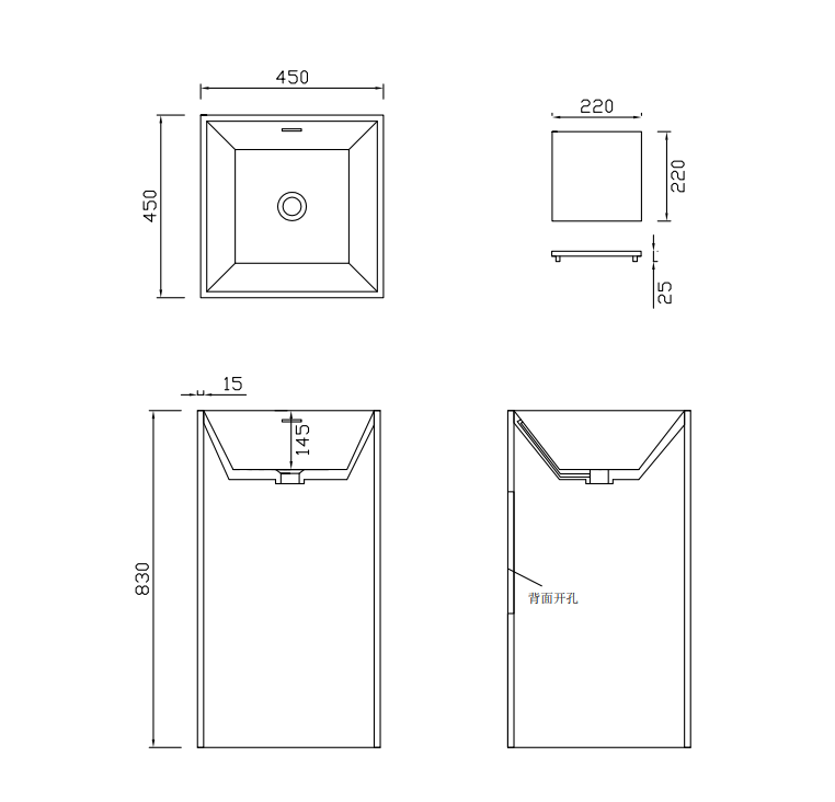 Narrow Tall Square Pedestal Sink Wash Hand Basin For Compact Small Powder Room