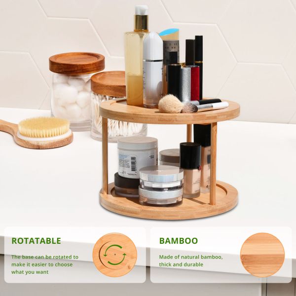 Bathroom Bamboo Cosmetic Organizer Storage 360 Rotation Multifunctional