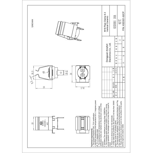 термостат 10A 250V 92C держателя KSD301 6.3mm вертикальный керамический биметаллический для струбцины трубы G18