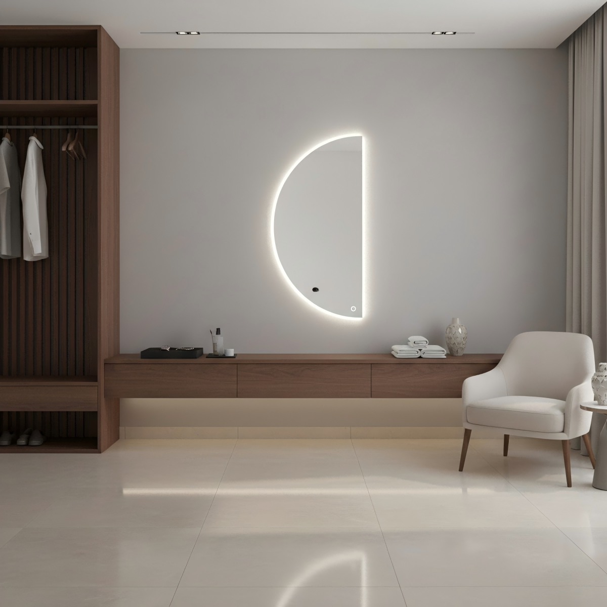 Kingstin Smart Half Moon LED Mirror Backlit Semicircle Wall Mirror Dimmable Touch Switch Makeup Mirror for Bathroom Decor