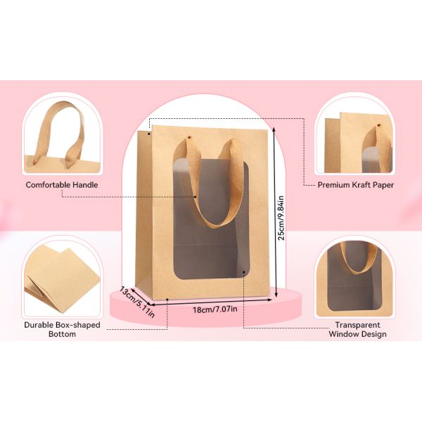 Kraft Shopping Bags With Handles For Present, Festivals Party Gift Bags With Transparent Window