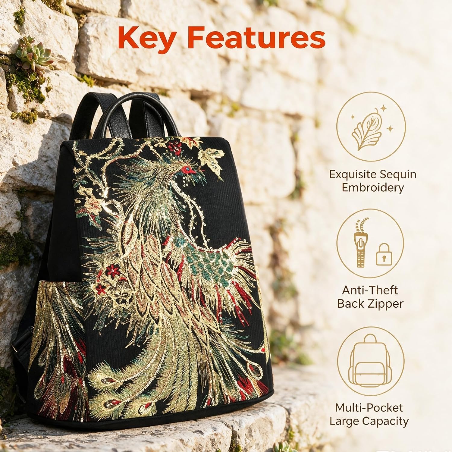 Glitter Embroidery Women Backpack Purse, Fashion Canvas Travel Anti-theft Rucksack Shoulder Bag (Black)