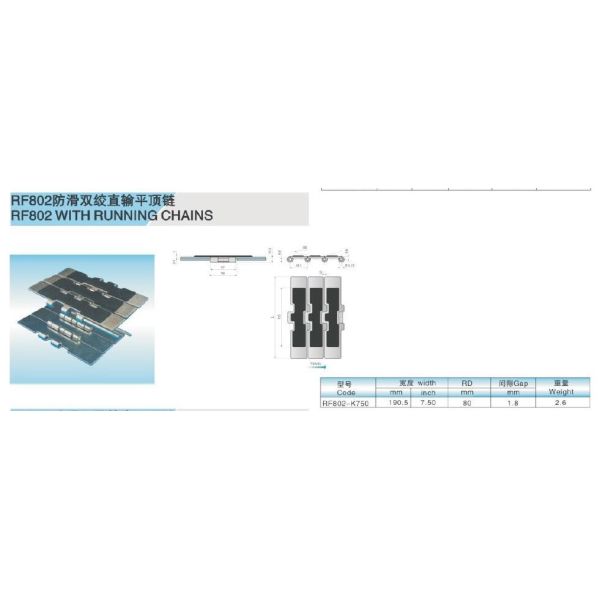 RF881TAB TABLE TOP CHAINS WITH RUBBER TOP SIDE FLEXING METAL CONVEYOR TOP CHAINS