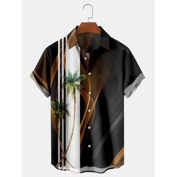 Camiseta de campamento hawaiana impresa a medida para hombres Allover Logotipo de diseño con botón cubierto