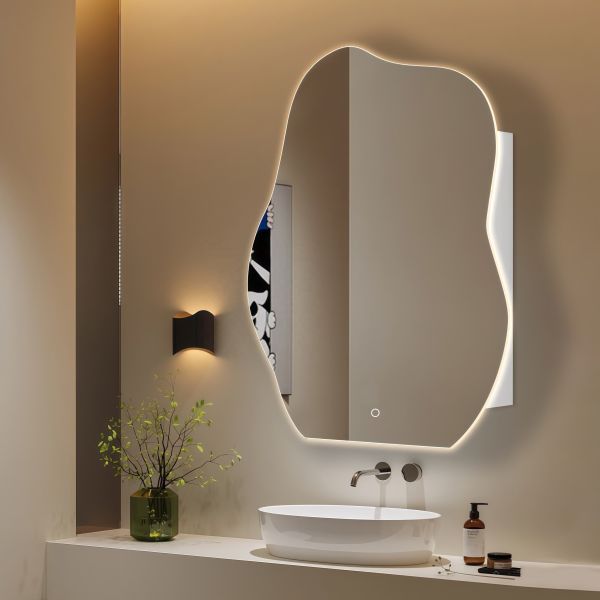 Irregular LED Light Mirror Cabinet Wall Mounted Side Lighted with Storage Compartment White Cabinet 4mm Silver Mirror