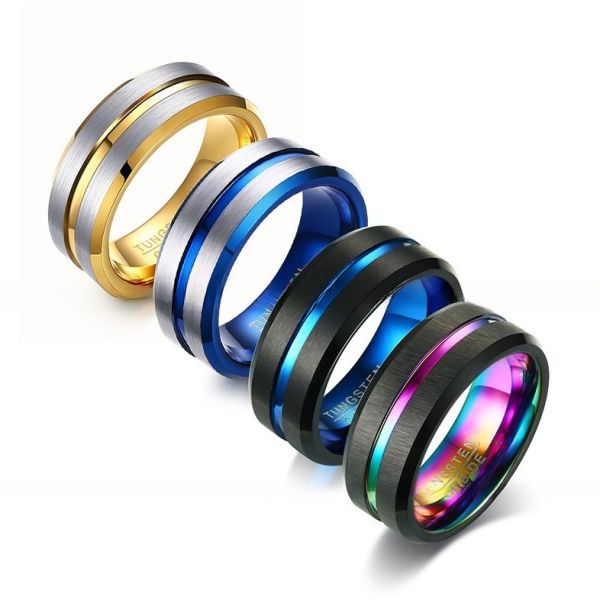 Évaluation par un tiers 8 mm Brossé Noir Bleu Or Tungstène Anneau en velours bordure simple rainure Hommes Bracelet de mariage Confort Fit