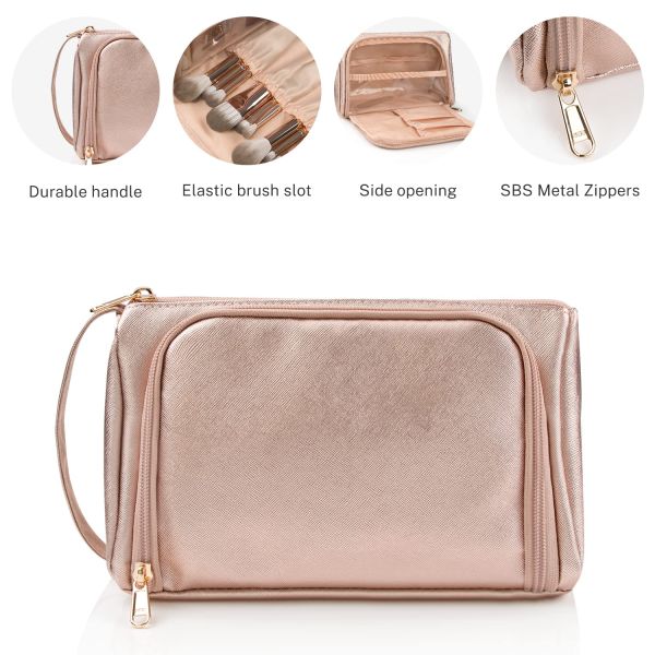 Bolso portátil de maquillaje de toallas de cuero rosa dorado PU bolso de viaje a medida a prueba de agua