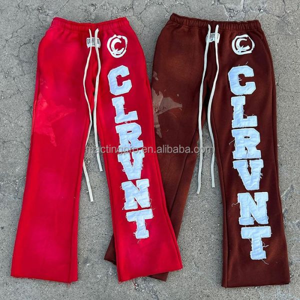 Flared Mens Sweatpants Black Oversized Cut Raw Hem Acid Wash Sunfaded Embroidery Patch