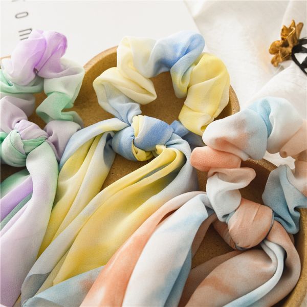 Thin tie dyeing 2 in 1 rainbow bridal hair accessories streamer coil lady updo chiffon scrunchie headpiece wholesale