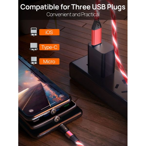 Focuses Magnetic USB Charging Cable 3m LED Flowing Luminous Phone Charging Cable