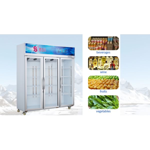 Congélateur à affichage à 3 portes refroidi par air 1005L congélateur à porte verticale en verre