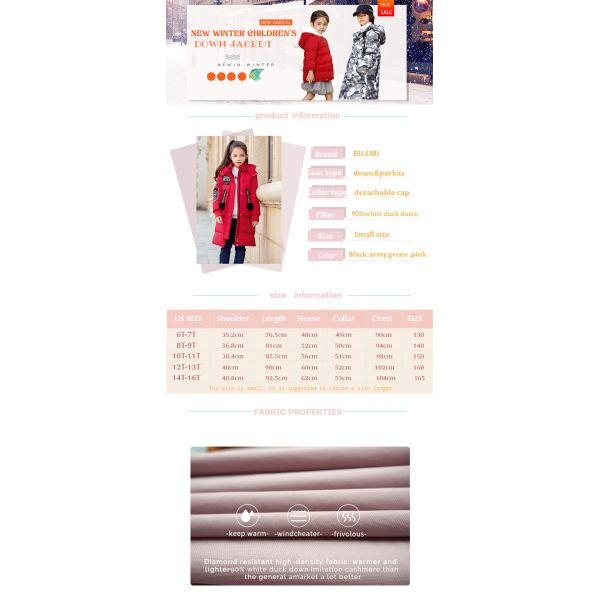 Bilemi Long Hooded Outerwear Kids Down Jacket Winter Jacket For Girls