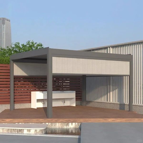 10'×10' Outdoor Louvered Pergola With Adjustable Aluminum Roof And Curtains