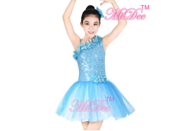 Floral Ballet Dance Costume Sequin Leotard Dress With Oblique Neckline