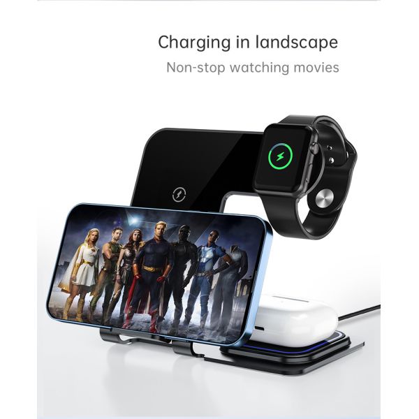 Aluminum Alloy 3 In 1 Wireless Charging Stand 15W Power Over Temperature Protection