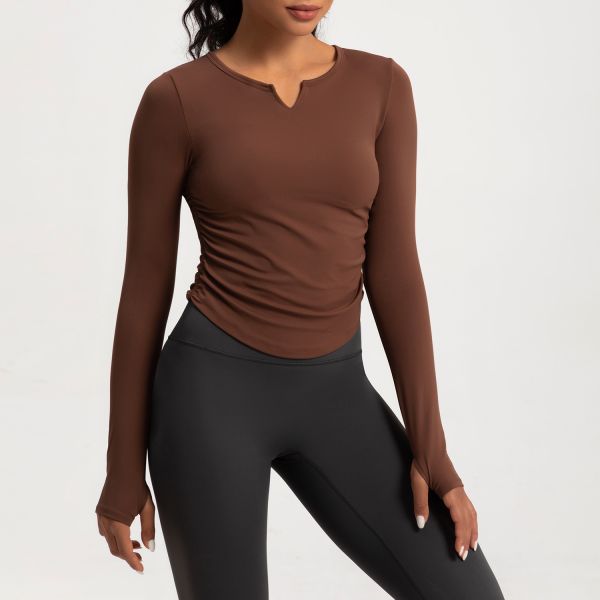 Women's Long Sleeve Yoga Top Slim Fit Moisture Wicking Fabric Brown