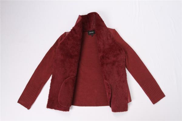 Fur Lining PU Splicing Ladies Sweater Cardigan Wine Color In Stock