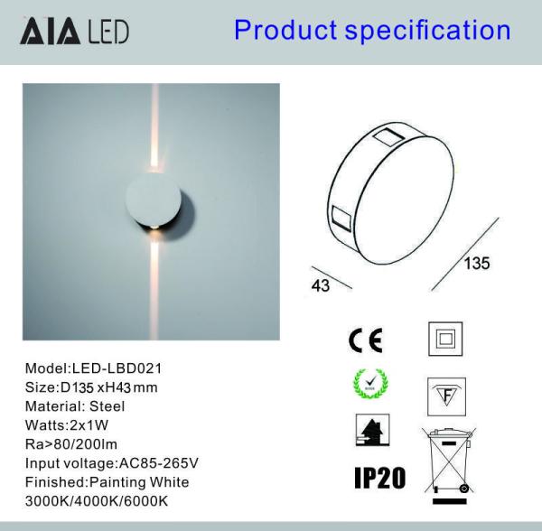 Steel Round 2x1W  IP20 modern LED wall light /LED decoration wall lamp for shopping mall