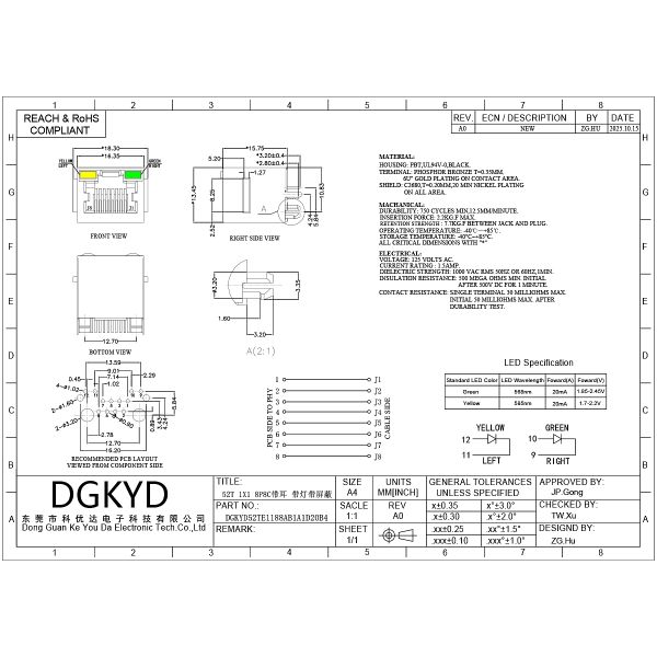 RJ45 vertical connector with light and shielding industrial Ethernet socket DGKYD52TE1188AB1A1D20B4