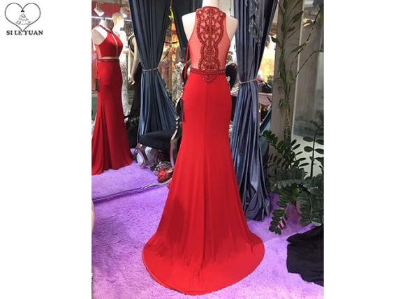 Hanging Neck Red Mermaid Formal Dress Top Heavy Beading Open Back Stretch Fabric
