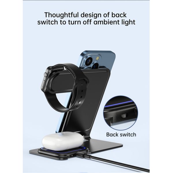 Aluminum Alloy 3 In 1 Wireless Charging Stand 15W Power Over Temperature Protection