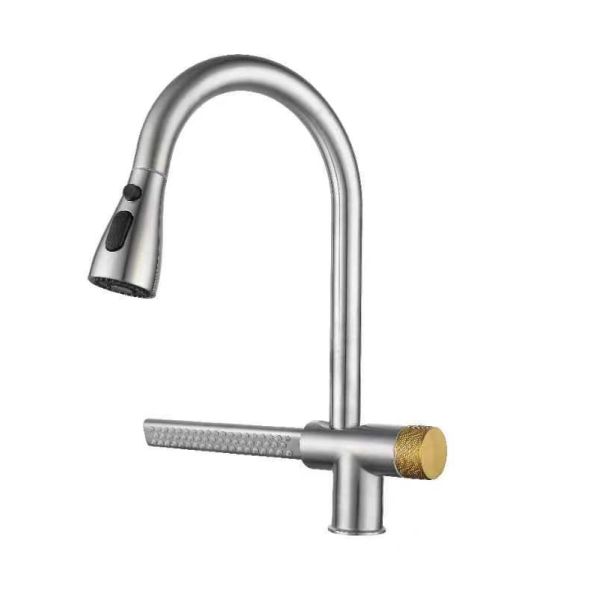Deck Mounted Pull Out Kitchen Faucet with Spring and Brushed Stainless Steel Finish