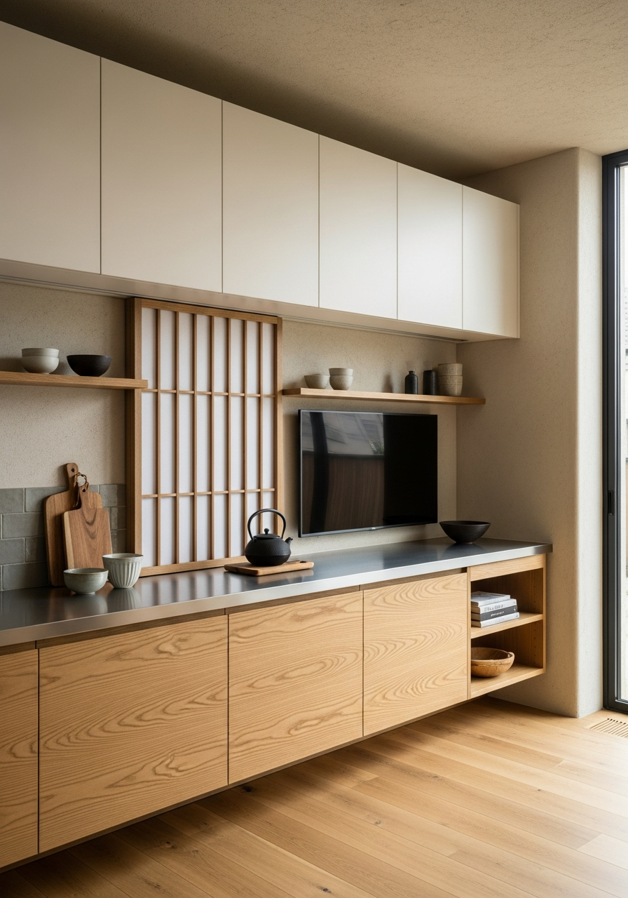 Japandi Oak Media Console with Shoji Screens in 304 Stainless Steel