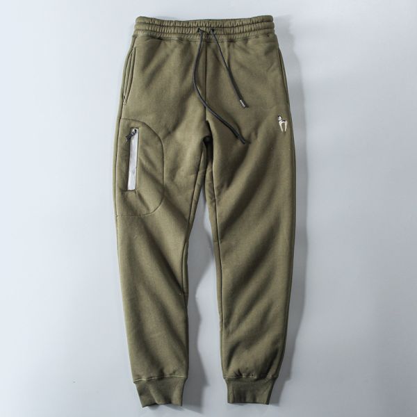100% Cotton Embroidery Men's Fleece Lined Joggers Padded Warm Pants Trousers for Mid Waist