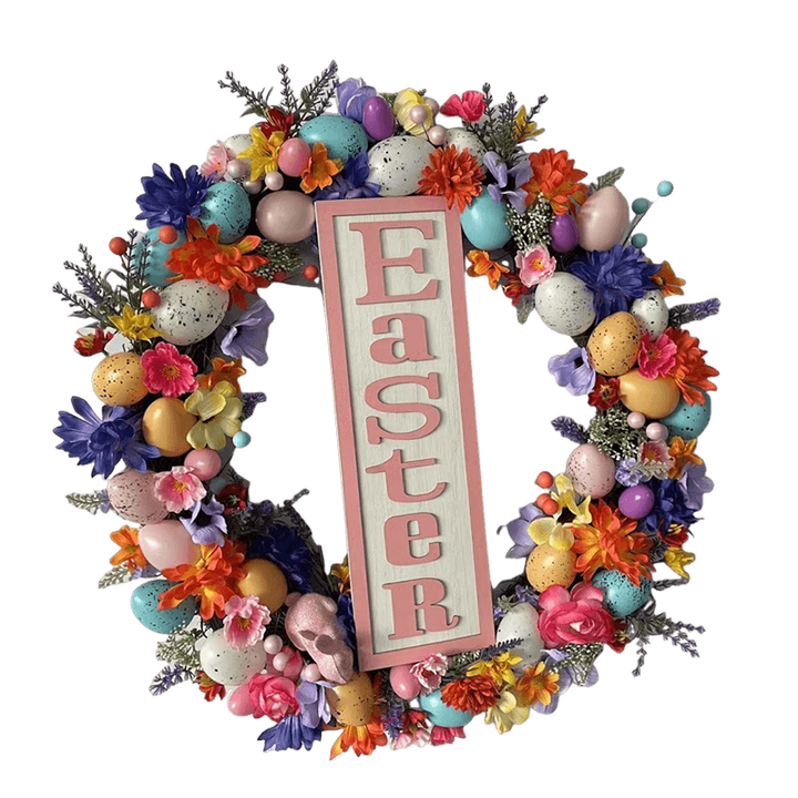 Senmasine Egg Easter Wreath for Front Door Hanging Spring Decor Mixed Colorful Plastic Eggs Artificial Leaves Flowers Wreaths