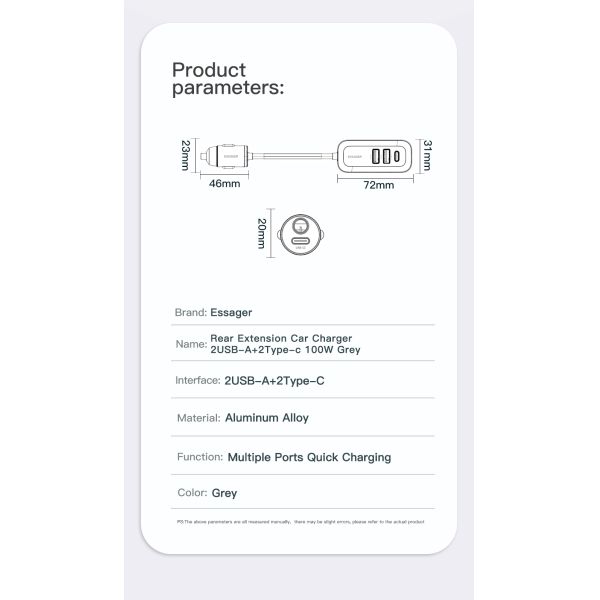 Cargador de automóvil para automóviles Essager 2022 Doution 1.5m Cable de extensión 2C2A Cargador de automóviles de 100W Para teléfono móvil Huawei Xiaomi