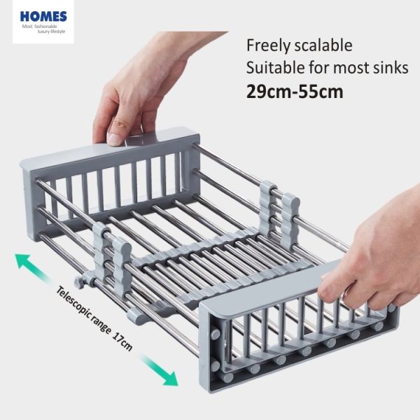 HOMES Stainless Steel Sink Accessory Adjustable Armrest Telescopic Kitchen Sink Drain Basket